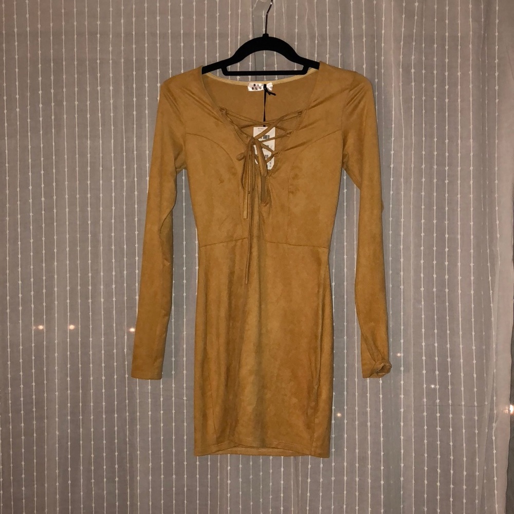 Mustard Yellow, Lace-Up, Suede Dress